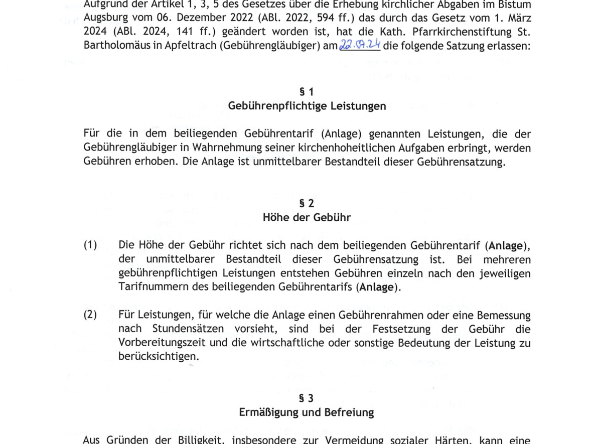 Gebührensatzung der Pfarrkirchenstiftung St. Bartholomäus Apfeltrach gültig ab 01.09.2024