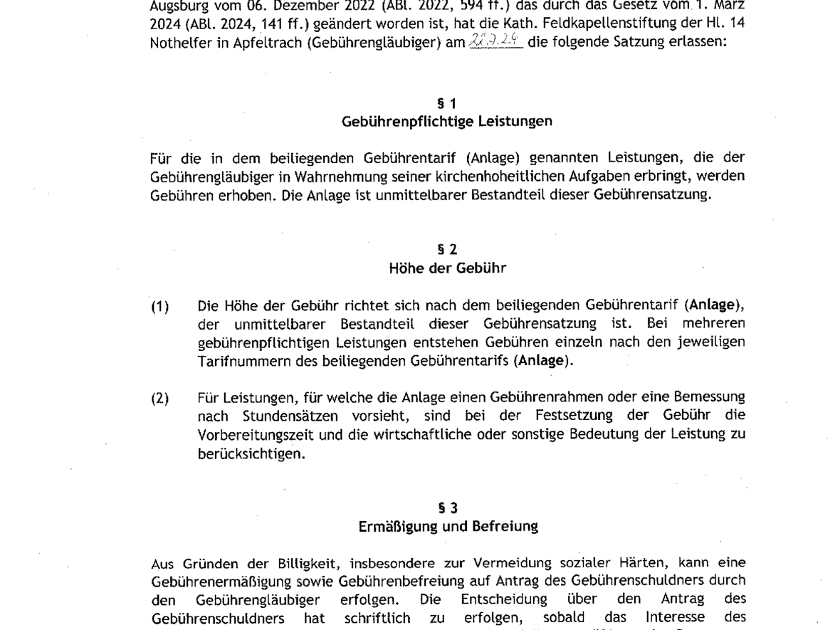 Gebührensatzung der Feldkapellenstiftung der Hl. 14 Nothelfer Apfeltrach gültig ab 01.09.2024
