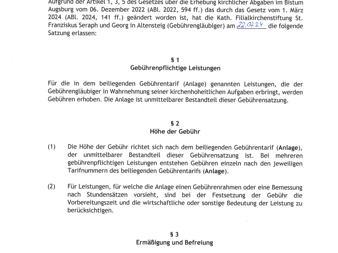 Gebührensatzung der Filialkirchenstiftung St. Franziskus Seraph und Georg Altensteig gültig ab 01.09.2024