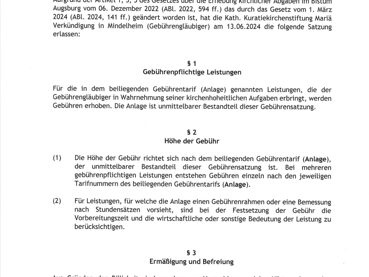 Gebührensatzung der Kuratiekirchenstiftung Mariä Verkündigung Mindelheim gültig ab 01.09.2024