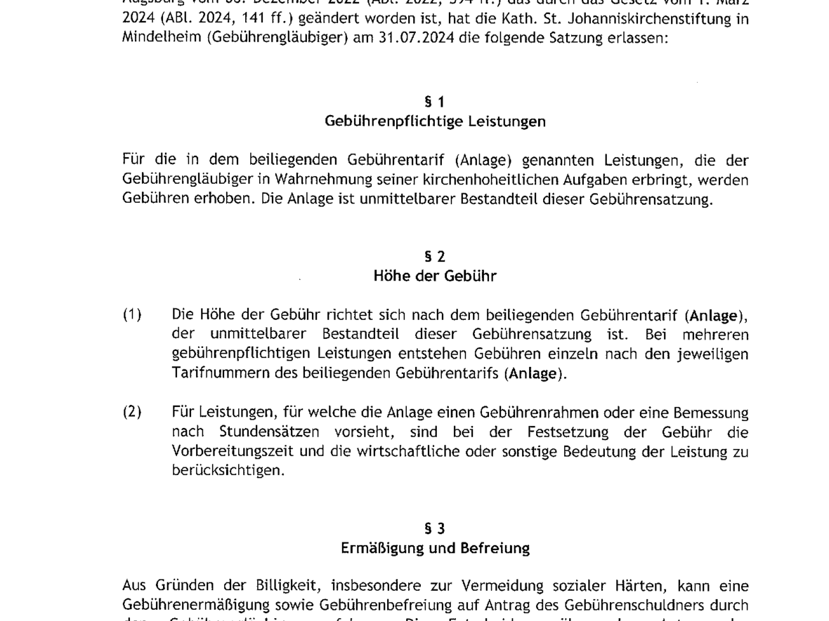 Gebührensatzung der Johanniskirchenstiftung Mindelheim gültig ab 01.09.2024